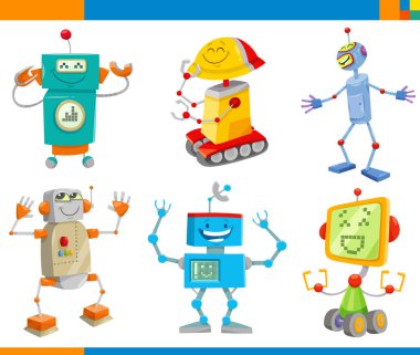 Komik Robotlar Bilim Kurgu veya Fantezi Karakterler Seti Karikatür Çizimler