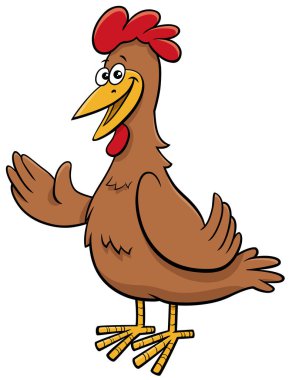 Tavuk veya dişi tavuk çiftliği hayvan karakterinin çizgi film çizimi