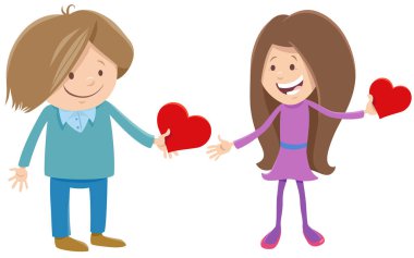 Sevgililer Günü kartları olan sevimli kız ve erkek karakterli karikatür çizimi.