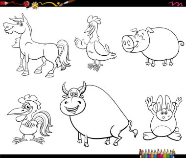 komik çiftlik hayvanlarının çizimi boyama sayfasını ayarladı