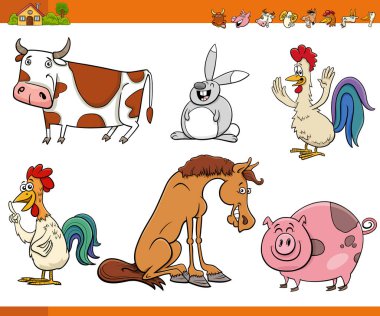 Mutlu çiftlik hayvanlarının çizgi film çizimleri.