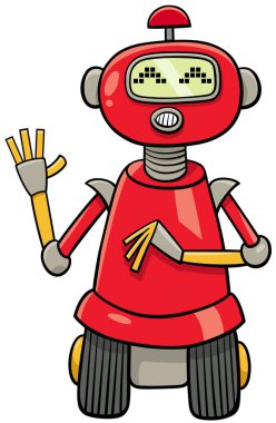 Komik kırmızı robot ya da droid fantezi karakterinin el sallamasının çizgi film çizimi