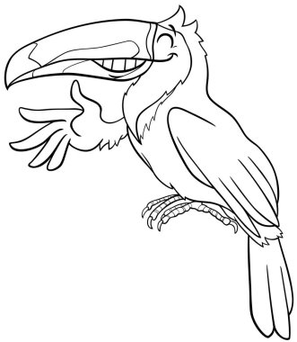 Kanat boyama sayfasını sallayan komik Tukan kuş çizgi roman karakteri çizimi