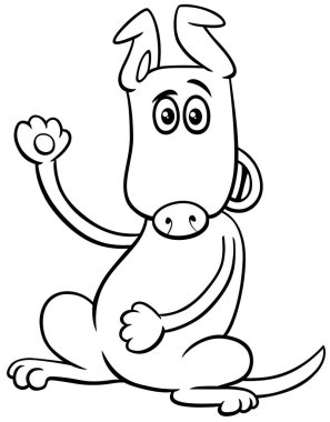 Komik kahverengi köpek çizgi roman karakteri çizimi. Pençe boyama sayfasını sallıyor.