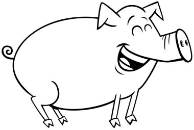 Sevimli mutlu domuz ya da domuz yavrusu çiftlik hayvanı karakter boyama sayfasının çizgi film çizimi