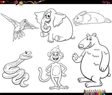 Komik hayvanların çizgi film illüstrasyonu komik hayvan karakterleri koleksiyon sayfası