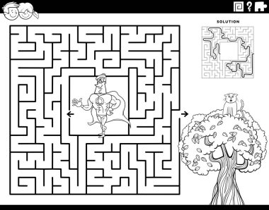 Süper kahraman ve kedi yavrusuyla ağaç boyama sayfasında eğitim labirenti aktivitesinin çizgi film çizimi