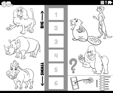 En büyük ve en küçük hayvan türü renklendirme sayfasının eğitici bulmaca aktivitesinin çizgi film çizimi