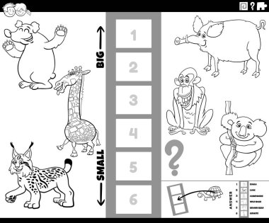 Çizgi film çizimi, çizgi roman karakterleri boyama sayfası olan en büyük ve en küçük hayvan türünü bulmanın eğitici bulmacasını gösteriyor.