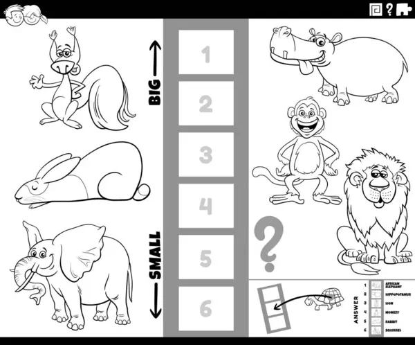 Çizgi film çizimi, çizgi roman karakterleri boyama sayfası olan en büyük ve en küçük hayvan türünü bulmanın eğitici bulmacasını gösteriyor.