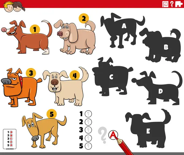 Köpeklerin hayvan karakterleriyle ilgili eğitici bulmacanın doğru gölgelerini bulmanın çizgi film çizimi