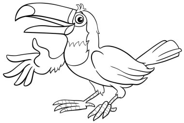 Kanat boyama sayfasını sallayan komik Tukan kuş karakterinin çizgi film çizimi