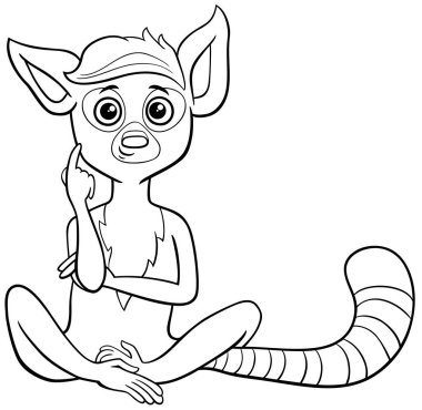 Tatlı lemur primat hayvan karakterinin renkli düşünme sayfasının karikatür çizimi