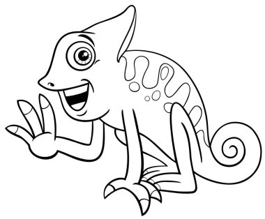 Bukalemun, sürüngen, hayvan karakterinin el boyama sayfasını salladığı karikatür çizimi.