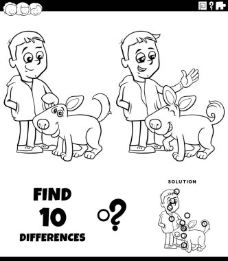 Tatlı çocuk ve köpek boyama sayfası ile eğitici bulmaca oyunu arasındaki farkları gösteren çizgi film çizimi