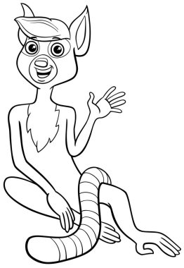 Pençe boyama sayfasını sallayan komik lemur primat hayvan karakterinin çizgi film çizimi