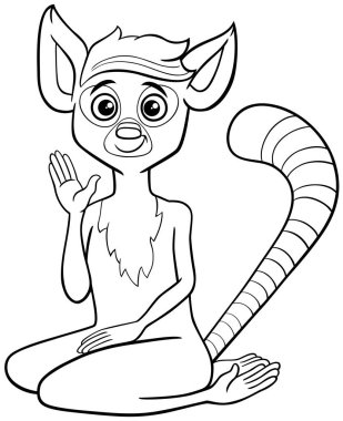 Komik lemur primat hayvan karakterinin el boyama sayfası çizimi