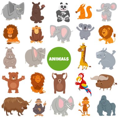 Komik vahşi hayvan karakterlerinin karikatür çizimi.