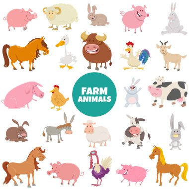 Mutlu çiftlik hayvanı karakterlerinin çizgi film çizimi.