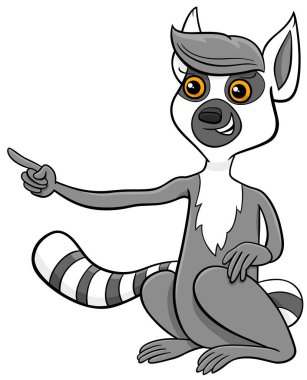 Bir şeyi işaret eden komik lemur hayvan karakterinin çizgi film çizimi