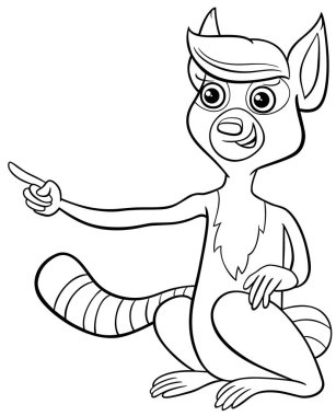 Komik lemur primat hayvan karakterinin çizgi film çizimi renkli bir sayfayı işaret ediyor.