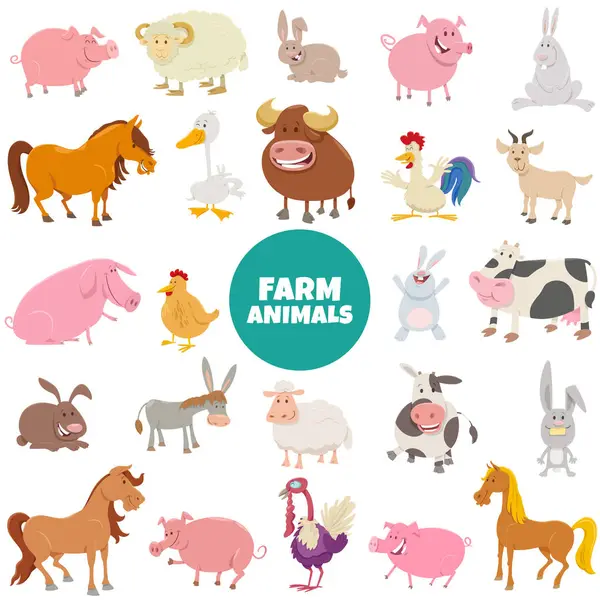 Mutlu çiftlik hayvanı karakterlerinin çizgi film çizimi.