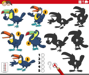 Toucan kuşlarının hayvan karakterleriyle ilgili eğitici bulmacanın doğru gölgelerini bulmanın çizgi film çizimi