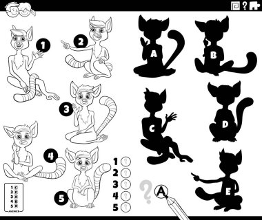 Lemurlar hayvan karakterleri boyama sayfasının yer aldığı eğitici bulmacanın doğru gölgelerini bulmanın çizgi film çizimi