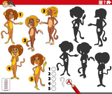 Maymun hayvan karakterleriyle ilgili eğitici bulmacanın doğru gölgelerini bulmanın çizgi film çizimi