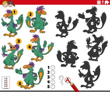 Caudipteryx veya tüylü dinozor tarih öncesi hayvan karakterleriyle ilgili eğitici bulmacaların doğru gölgelerini bulmanın çizgi film çizimi