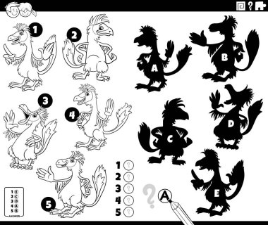 Caudipteryx ya da tüylü dinozor tarih öncesi hayvan karakterleri boyama sayfası ile eğitici bulmacanın doğru gölgelerini bulmanın çizgi film çizimi