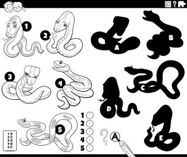 Çizgi film çizimi, resimlerin doğru gölgelerini bulmanın eğitici bulmacası. Yılan hayvan karakterleri boyama sayfası.