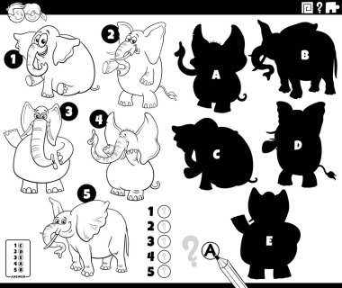 Fillerin hayvan karakterleri boyama sayfası ile ilgili eğitici bulmacanın doğru gölgelerini bulmanın çizgi film çizimi