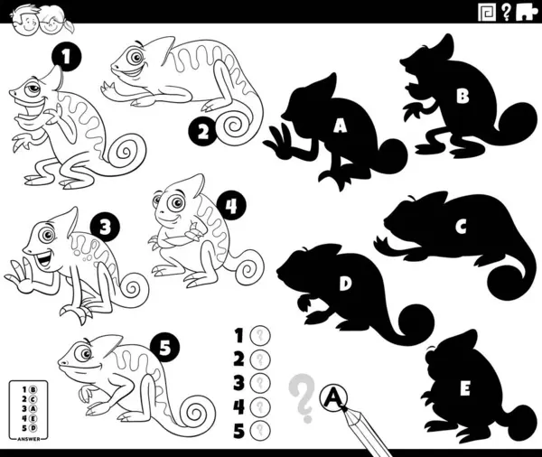 Bukalemun hayvan karakterleri boyama sayfası olan eğitici bulmaca resimlerinin doğru gölgelerini bulmanın çizgi film çizimi