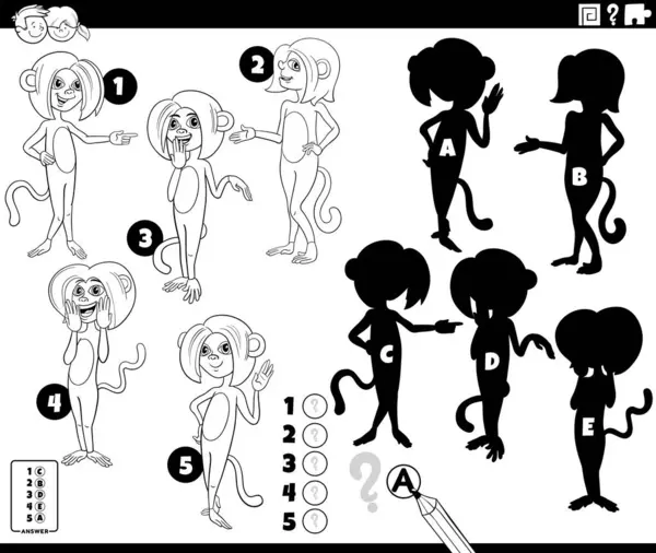 Çizgi film çizimi, resimlerin doğru gölgelerini bulmanın eğitici bulmacası, maymun hayvan karakterleri boyama sayfası.