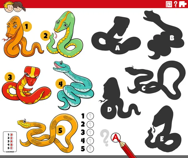 Yılan hayvan karakterli eğitici bulmacanın doğru gölgelerini bulmanın çizgi film çizimi