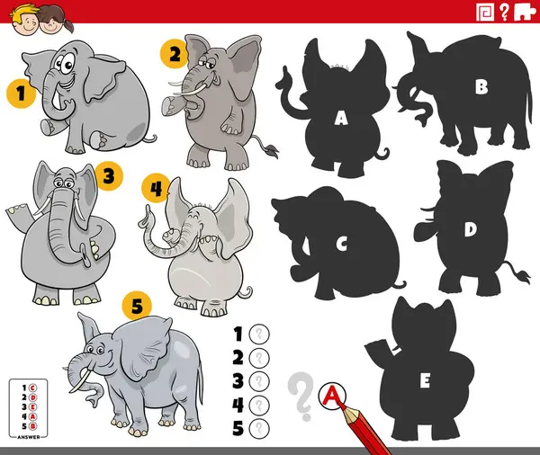 Fillerin hayvan karakterleriyle ilgili eğitici bulmacaların doğru gölgelerini bulmanın çizgi film çizimi