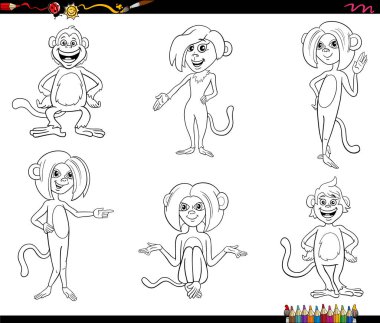 Komik maymunların çizgi film çizimi primat hayvan karakterleri renklendirme sayfasını ayarladı