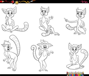 Komik lemurların çizgi film çizimi vahşi memelilerin komik hayvan karakterlerinin renklendirme sayfası