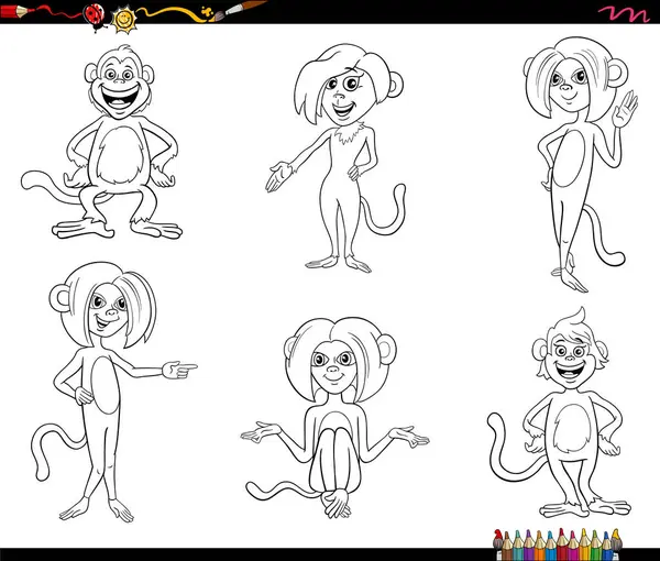 Komik maymunların çizgi film çizimi primat hayvan karakterleri renklendirme sayfasını ayarladı