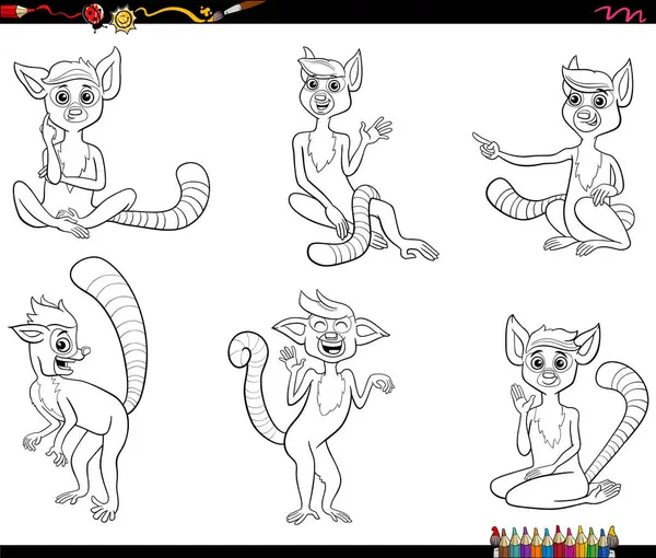 Komik lemurların çizgi film çizimi vahşi memelilerin komik hayvan karakterlerinin renklendirme sayfası