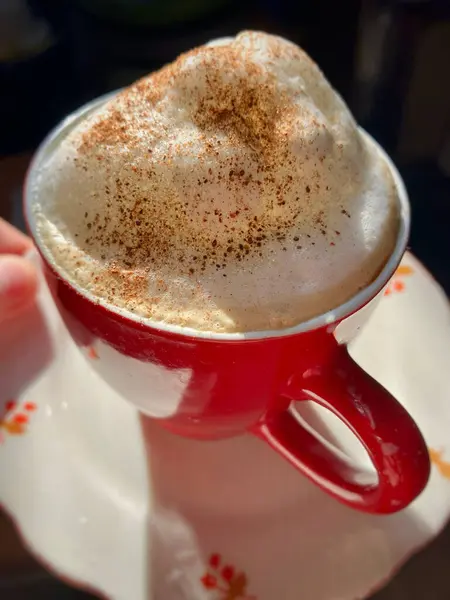 Aromatik kapuçino, üzerinde tarçın bulunan kalın köpüklü sütle birlikte parlak kırmızı bir bardakta servis edilir. Sabah güneşi kremsi dokusuna vurgu yapıyor, sıcak ve samimi bir atmosfer yaratıyor..