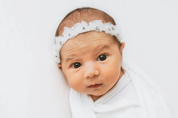 Newborn Baby Girl Opened Eyes Looking Camera Stock Photo