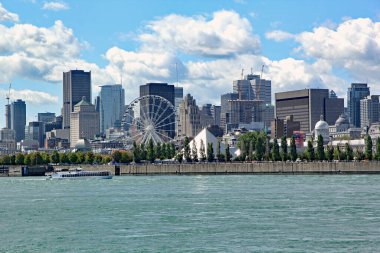 Montreal şehir manzarası yaz boyunca gündüz vakti nehir kenarından görüldüğü gibi.