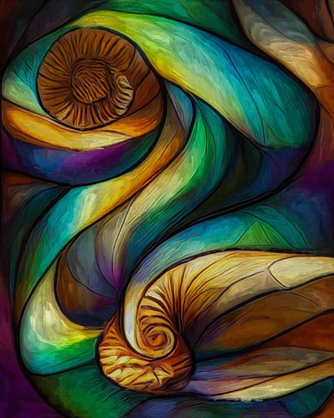 Nautilus Dream series. Composition of spiral structures, shell patterns, colors and abstract elements on the subject of sea life, nature, creativity, art and design.