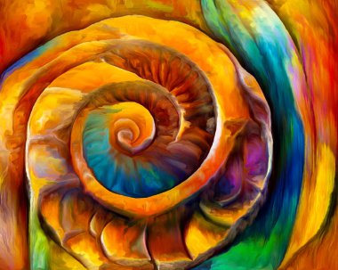 Dream of Seashell series. Interplay of spiral structures, shell patterns, colors and abstract elements on the subject of sea life, nature, creativity, art and design.