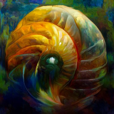 Nautilus Dream series. Interplay of spiral structures, shell patterns, colors and abstract elements on the subject of sea life, nature, creativity, art and design.