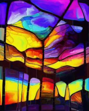 Stained Glass on Canvas series. Interplay of multicolored shapes and fragments on the subject of art, creativity and design.