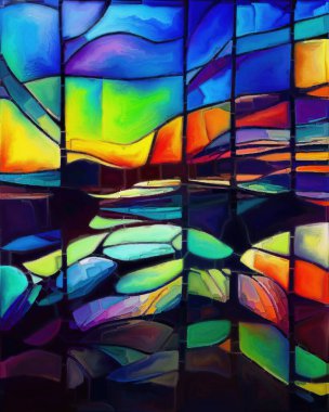 Stained Glass on Canvas series. Interplay of multicolored shapes and fragments on the subject of art, creativity and design.