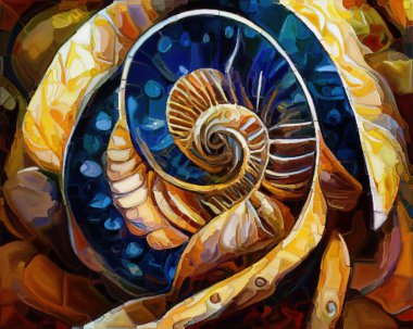 Dream of Seashell series. Interplay of spiral structures, shell patterns, colors and abstract elements on the subject of sea life, nature, creativity, art and design.